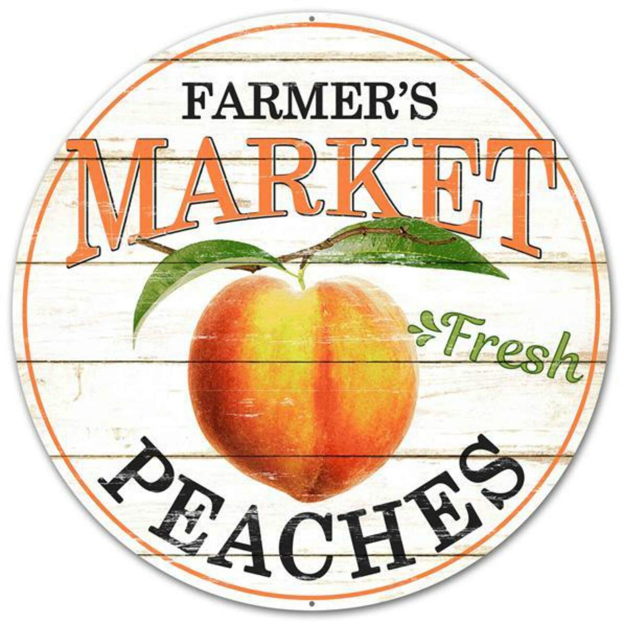 Craig Bachmah Fresh Peaches Round 12" Farmer's Market Metal Sign for Wreath Accents, Centerpieces, Crafts, and Decorations (Orange, White, 12" Dia)